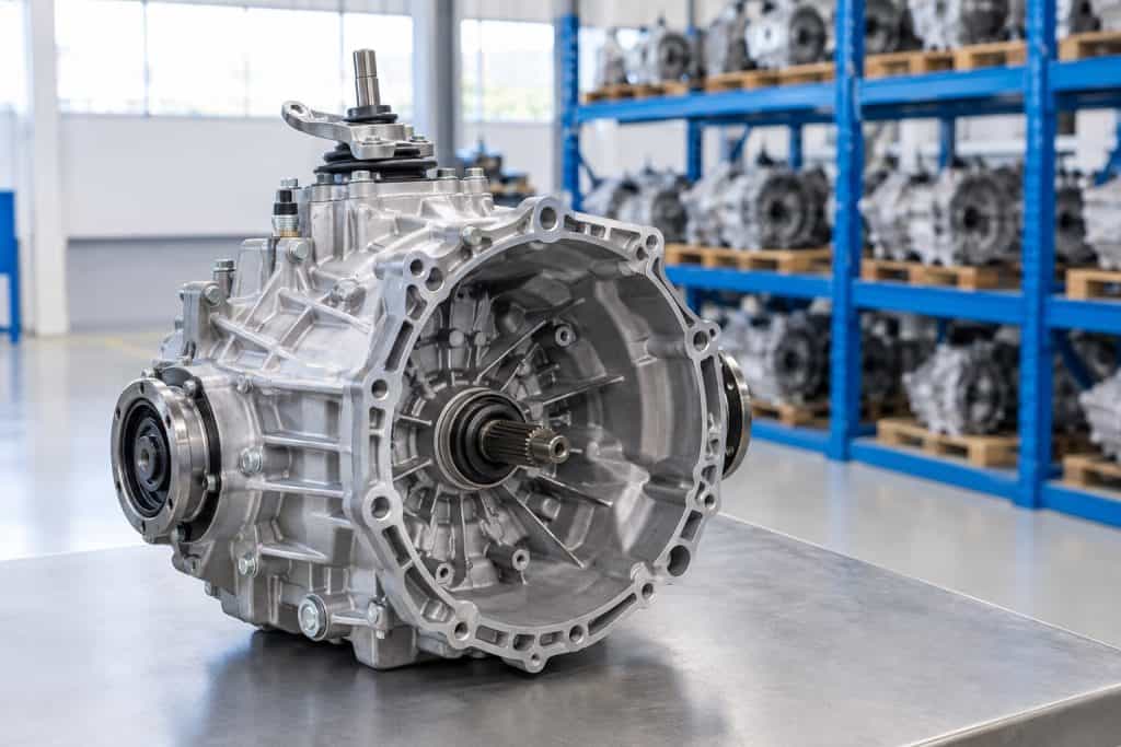 Remanufactured manual gearbox on a workbench, with gearboxes in stock on racking behind it